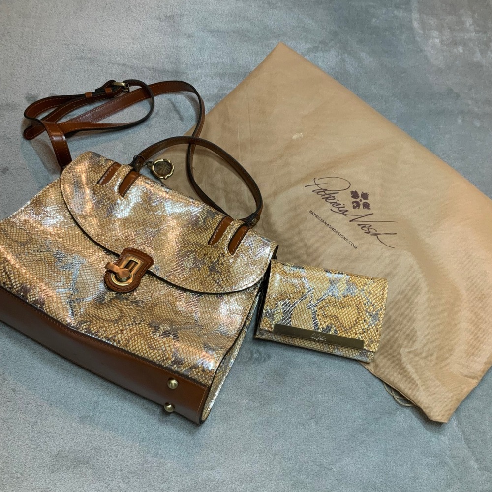 Patricia Nash Metallic Python Tan Leather Handbag Wallet Set P478371 NWT